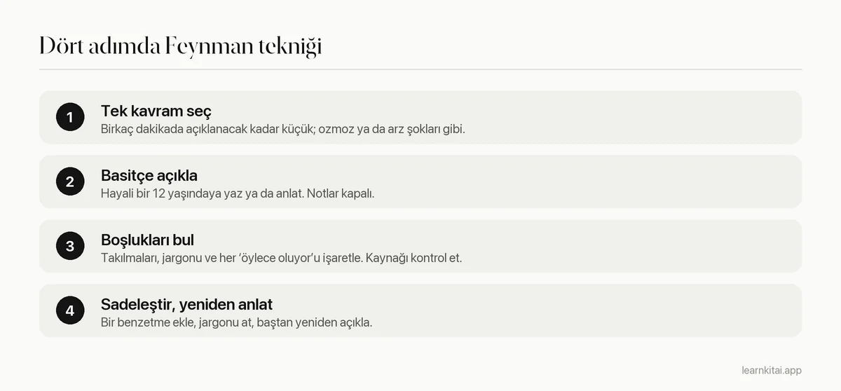 Feynman tekniğinin dört adımı: bir kavram seç, basitçe açıkla, boşlukları bul, sadeleştir ve yeniden anlat