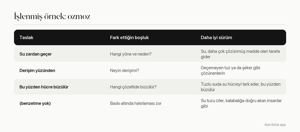 Ozmozun ilk açıklamasını, ortaya çıkardığı boşluğu ve kaynağı kontrol ettikten sonraki geliştirilmiş açıklamayı gösteren tablo