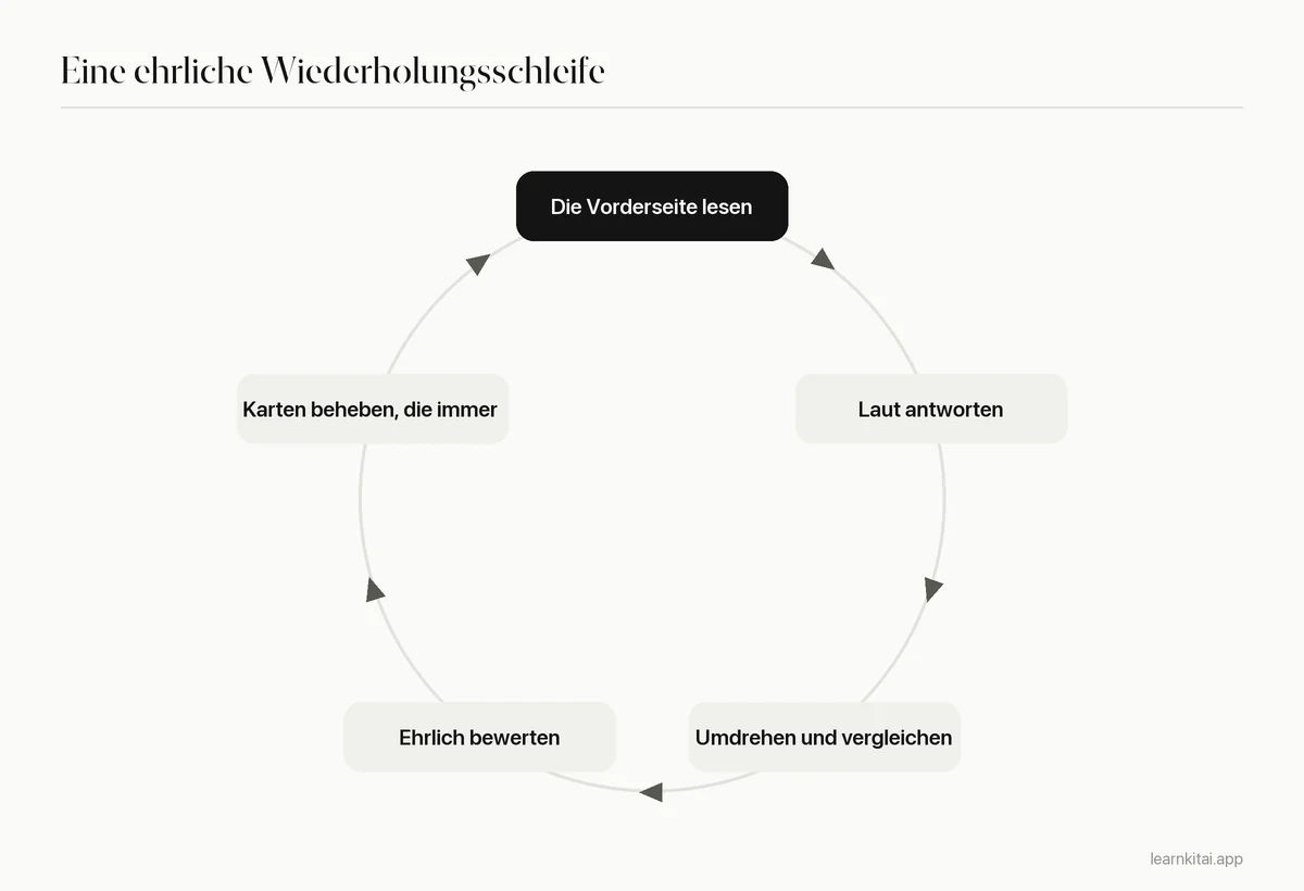 Kreislaufdiagramm einer ehrlichen Karteikarten-Wiederholung: lesen, laut antworten, umdrehen, ehrlich bewerten, schwache Karten beheben