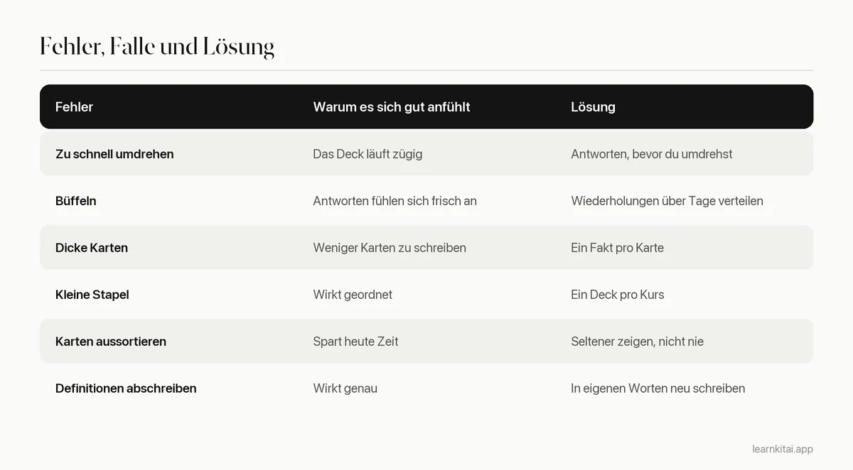 Tabelle häufiger Karteikarten-Fehler, warum sie sich gut anfühlen, und die Lösung für jeden