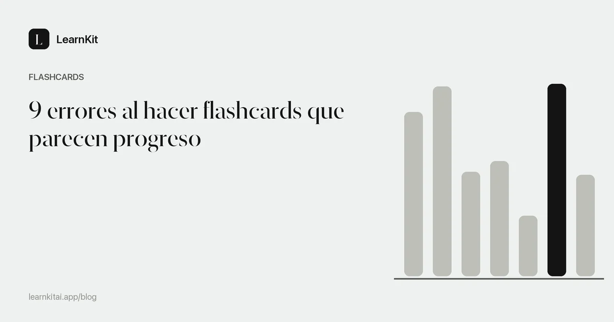 El título 9 errores al hacer flashcards que parecen progreso sobre un patrón monocromo y sereno