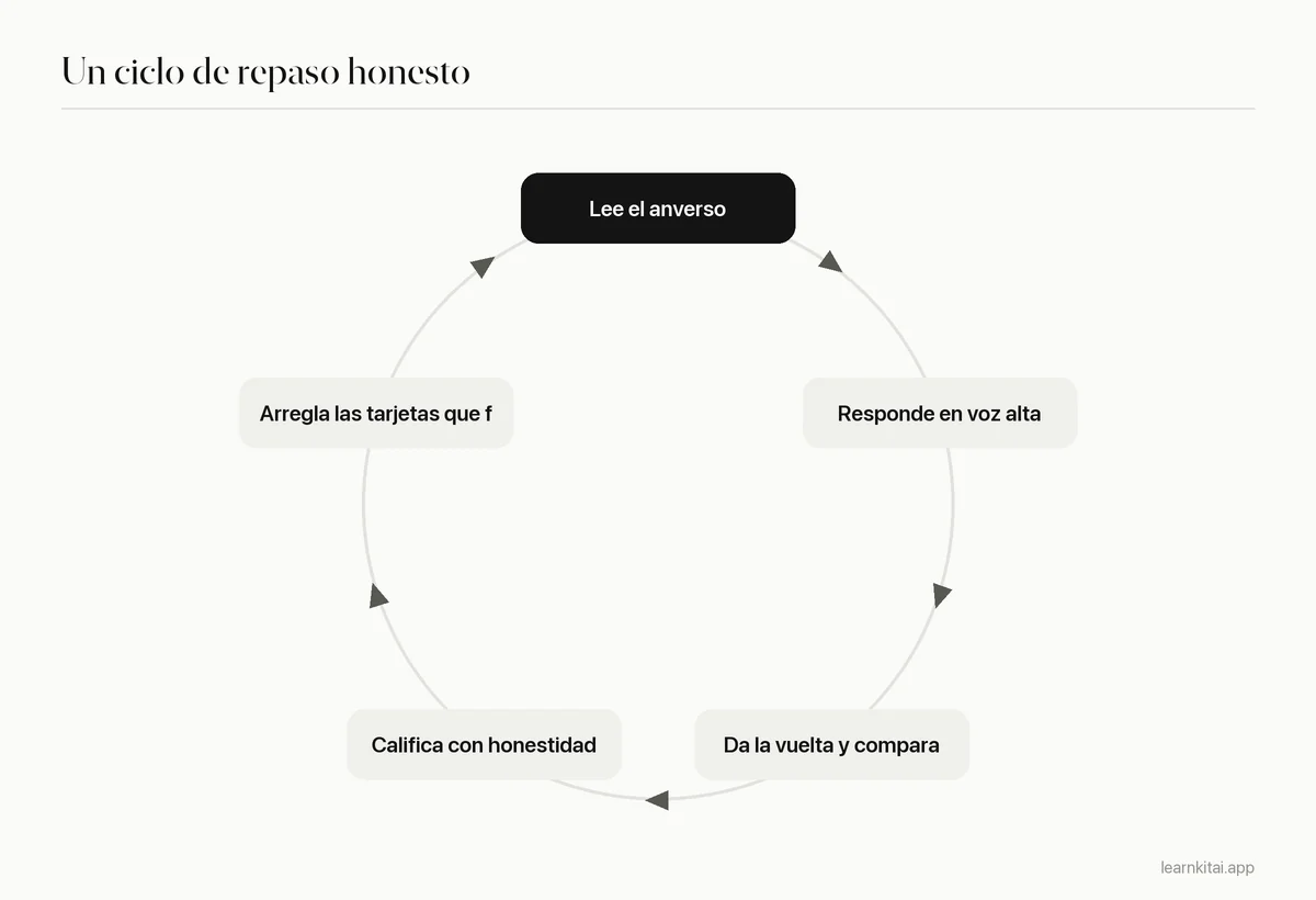 Diagrama de ciclo de un repaso honesto de flashcards: leer, responder en voz alta, dar la vuelta, calificar con honestidad y arreglar las tarjetas débiles