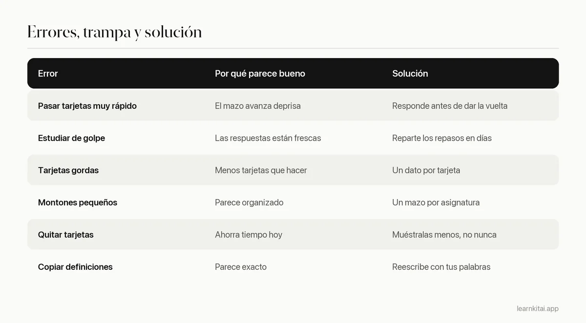 Tabla con los errores comunes con flashcards, por qué parecen buenos y la solución de cada uno
