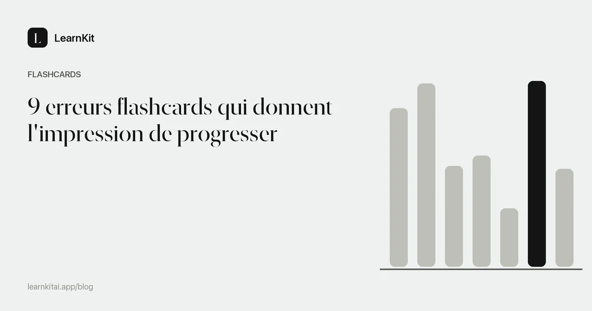Titre d'un article sur 9 erreurs de flashcards qui donnent l'impression de progresser, sur un motif monochrome épuré