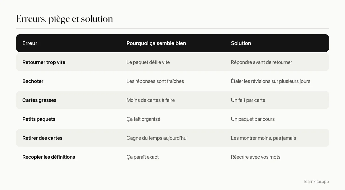 Tableau des erreurs de flashcards courantes, pourquoi elles paraissent bonnes et la solution pour chacune