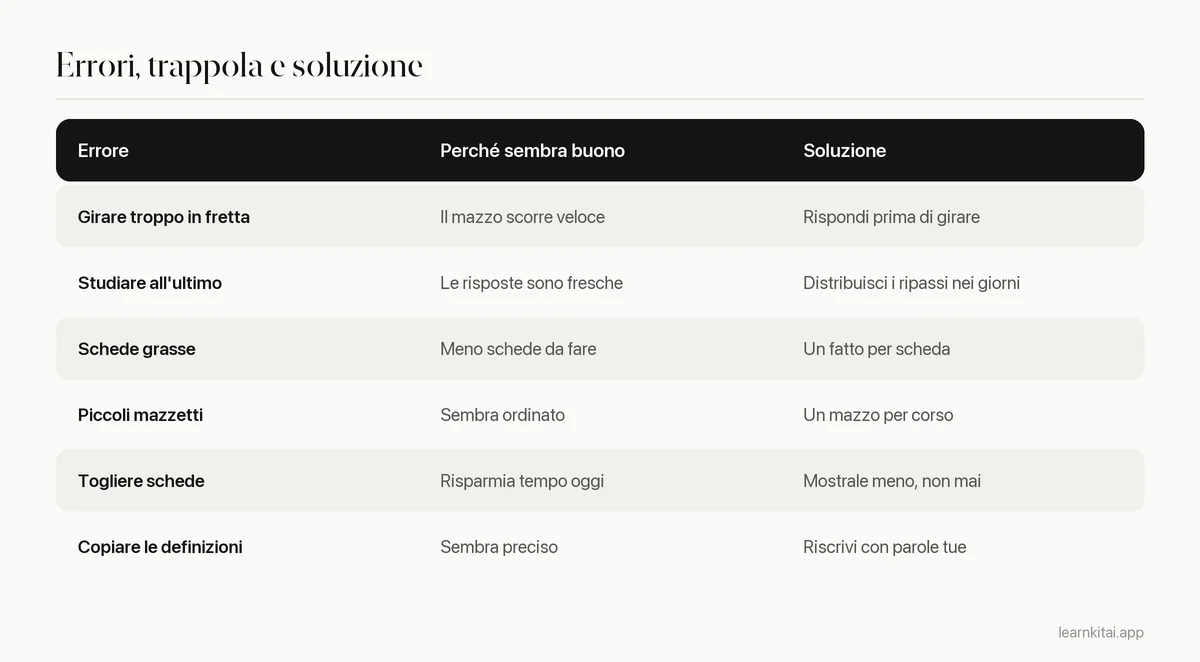 Tabella con gli errori più comuni con le flashcard, perché sembrano buoni e la soluzione per ciascuno