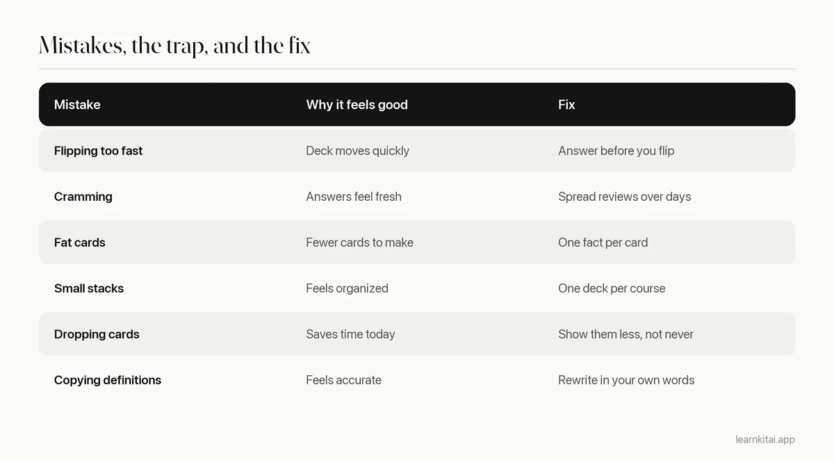 Table listing common flashcard mistakes, why they feel good, and the fix for each