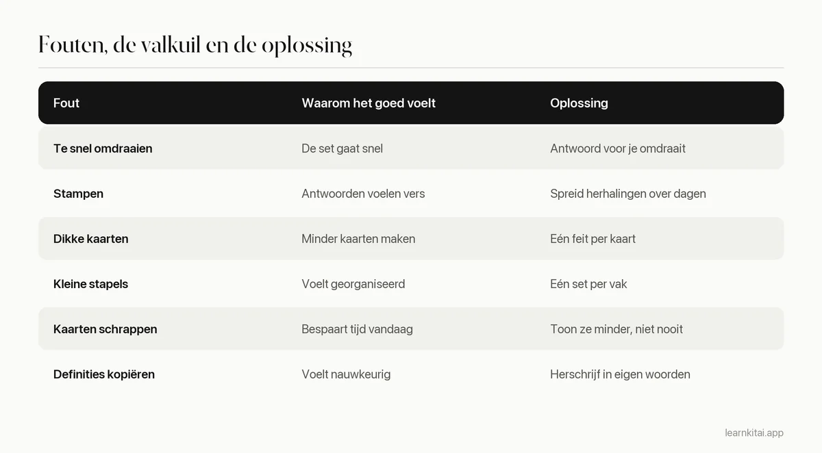 Tabel met veelvoorkomende fouten met flashcards, waarom ze goed voelen en de oplossing voor elk