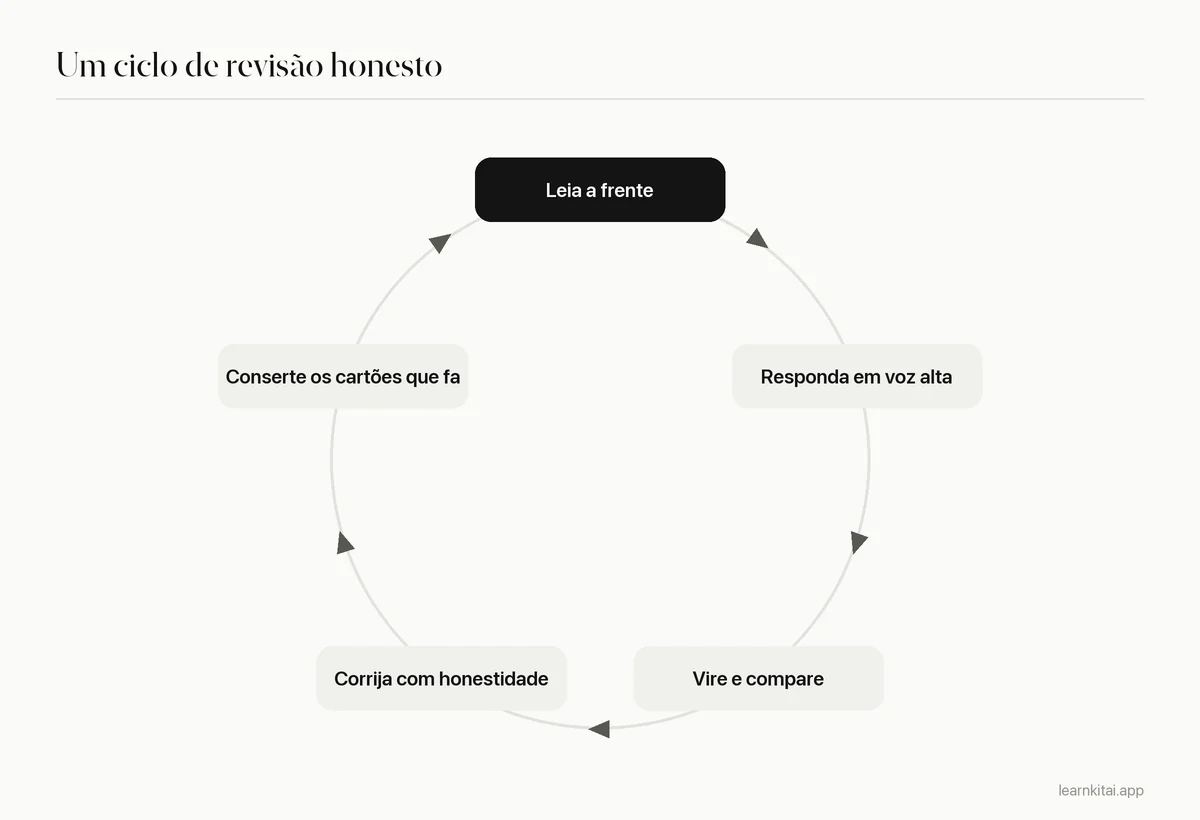Diagrama em ciclo de uma revisão honesta de flashcards: ler, responder em voz alta, virar, corrigir com honestidade, consertar cartões fracos
