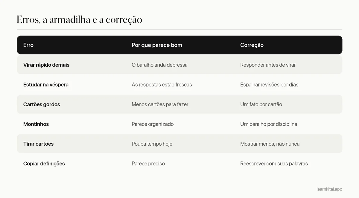 Tabela com os erros comuns ao fazer flashcards, por que parecem bons e a correção de cada um