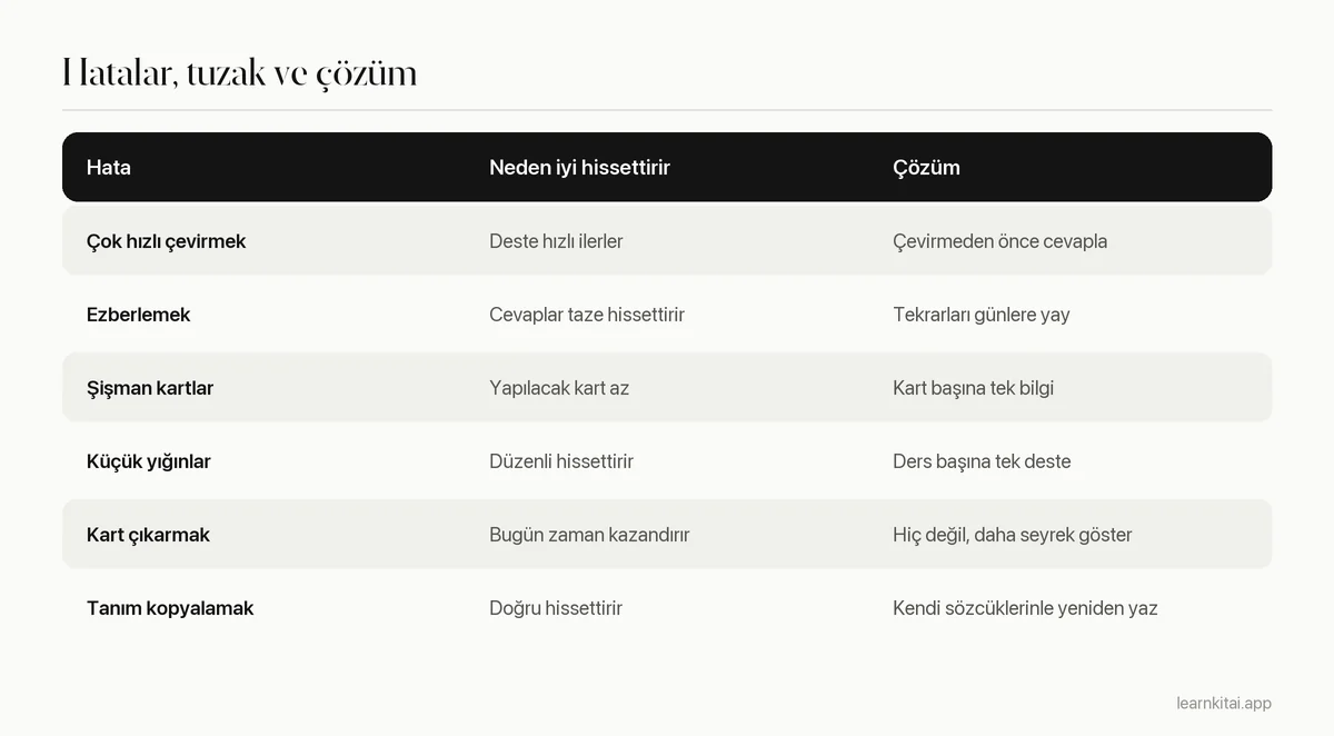 Yaygın bilgi kartı hatalarını, neden iyi hissettirdiklerini ve her birinin çözümünü sıralayan tablo