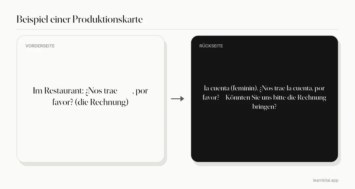 Beispiel einer Produktionskarte mit einer Lücke in einem spanischen Satz vorn und der Antwort la cuenta hinten