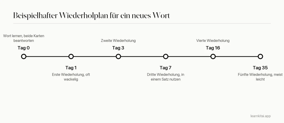 Zeitleiste mit einem beispielhaften Wiederholplan für ein neues Wort, mit Abständen von einem Tag bis etwa einem Monat