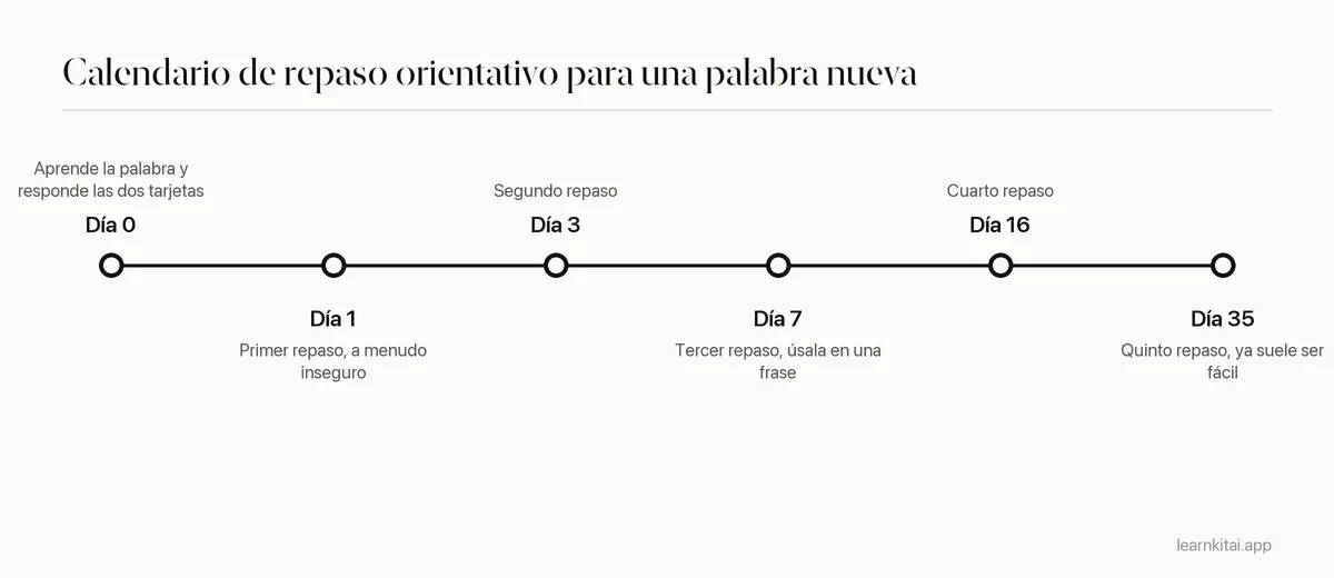 Cronograma de un calendario de repaso orientativo para una palabra nueva, con intervalos que crecen de un día a cerca de un mes