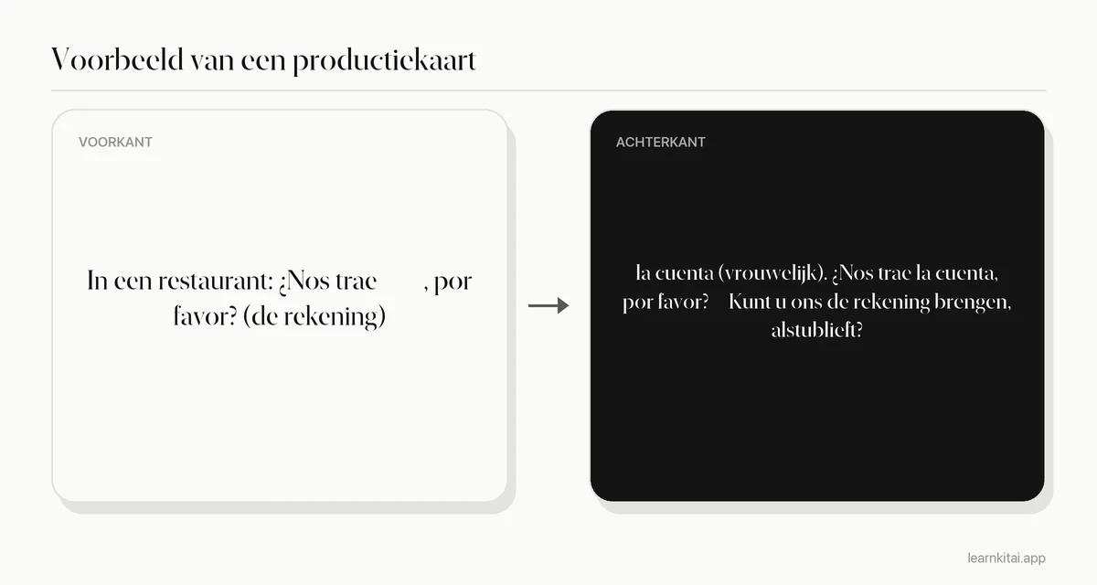 Voorbeeld van een productieflashcard met een Spaanse zin met een gat op de voorkant en het antwoord la cuenta op de achterkant