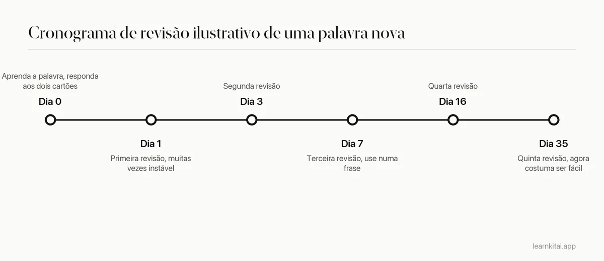 Linha do tempo mostrando um cronograma de revisão ilustrativo para uma palavra nova, com intervalos que crescem de um dia a cerca de um mês