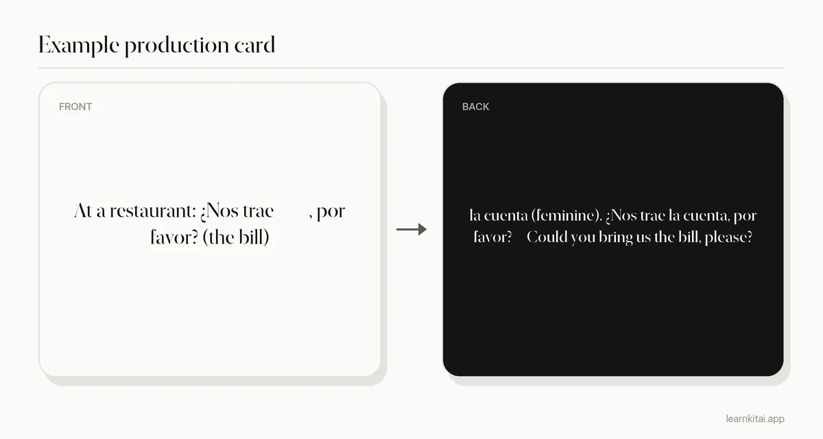Example production flashcard with a Spanish sentence gap on the front and the answer la cuenta on the back