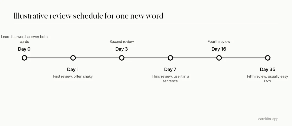 Timeline showing an illustrative review schedule for one new word, with gaps growing from one day to about a month
