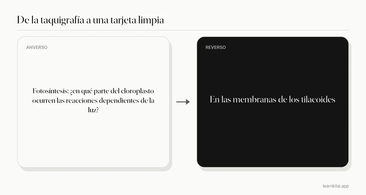 Flashcard de ejemplo hecha a partir de apuntes de biología en taquigrafía sobre dónde ocurren las reacciones dependientes de la luz