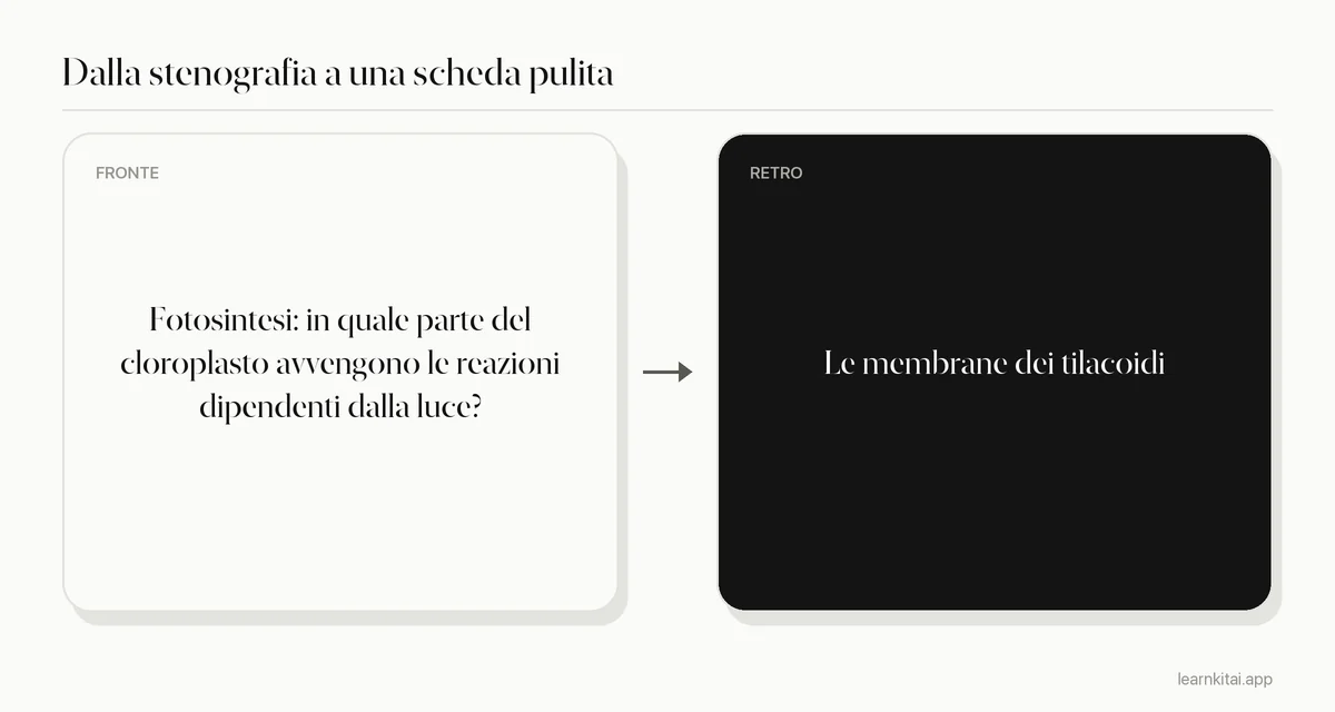 Flashcard di esempio ricavata da appunti di biologia in stenografia su dove avvengono le reazioni dipendenti dalla luce