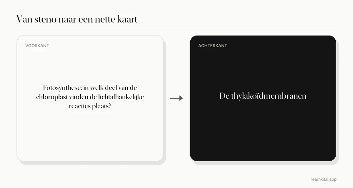 Voorbeeldflashcard uit steno-aantekeningen biologie over waar de lichtafhankelijke reacties plaatsvinden