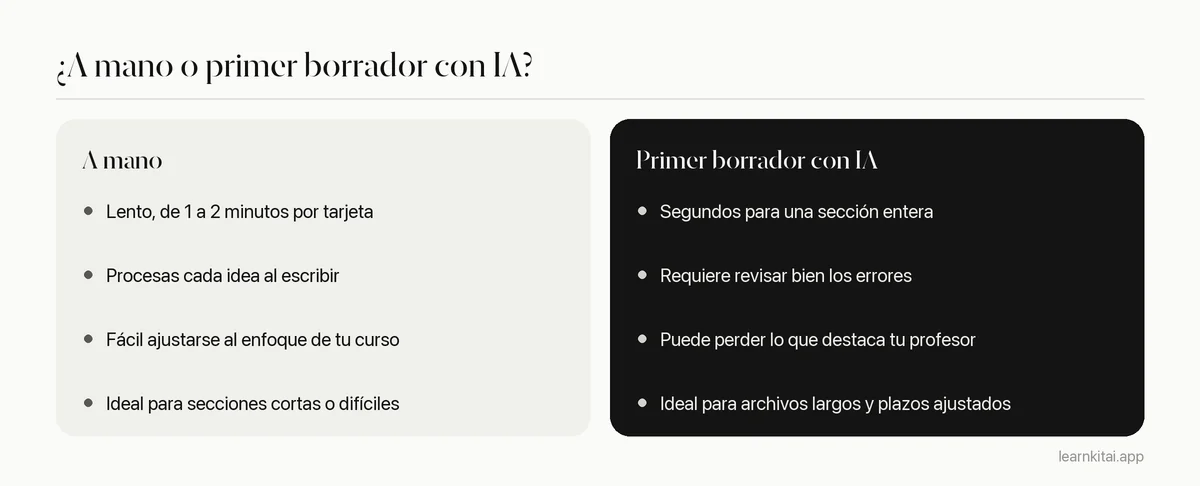 Comparación de hacer flashcards desde un PDF a mano o generar un primer borrador con IA