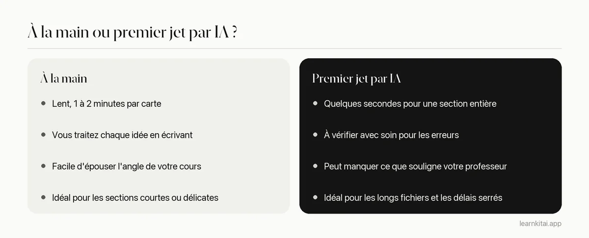 Comparaison entre faire des flashcards à partir d'un PDF à la main et générer un premier jet avec l'IA