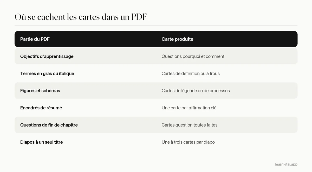 Tableau listant les parties d'un chapitre PDF et le type de flashcard que chacune produit