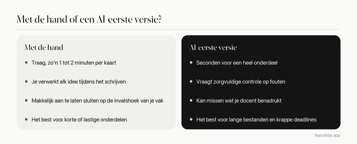 Vergelijking van flashcards van een pdf met de hand maken tegenover een eerste versie met AI genereren