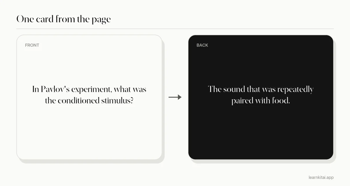 Example flashcard from a psychology PDF page about classical conditioning