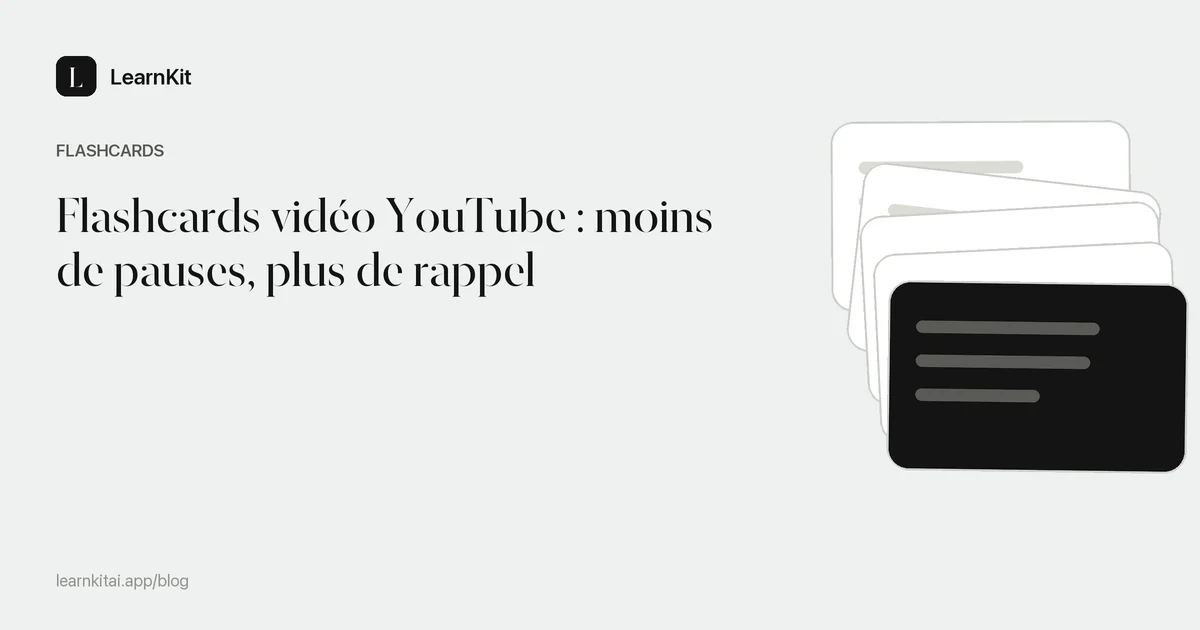 Le titre Flashcards vidéo YouTube : moins de pauses, plus de rappel sur un motif monochrome épuré