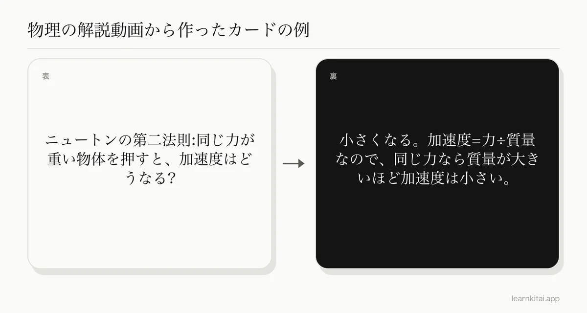 ニュートンの第二法則についての物理の解説動画から作った暗記カードの例