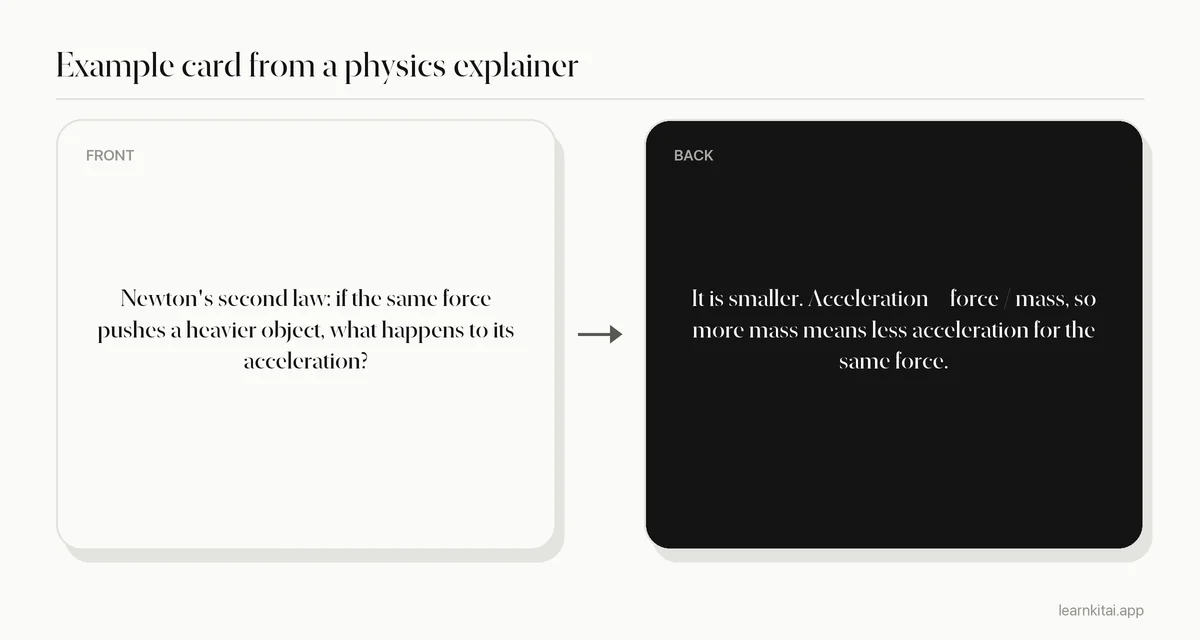 Example flashcard made from a physics explainer video about Newton's second law