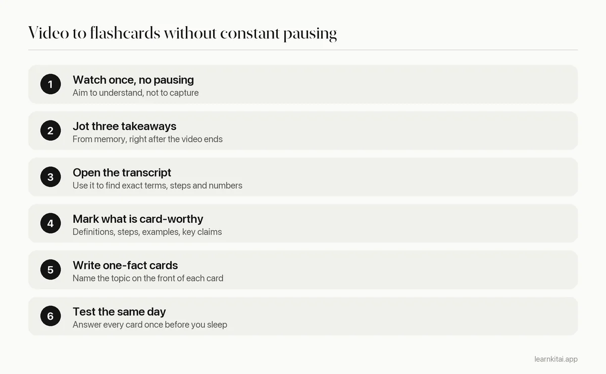 Six steps for turning a YouTube video into flashcards using the transcript