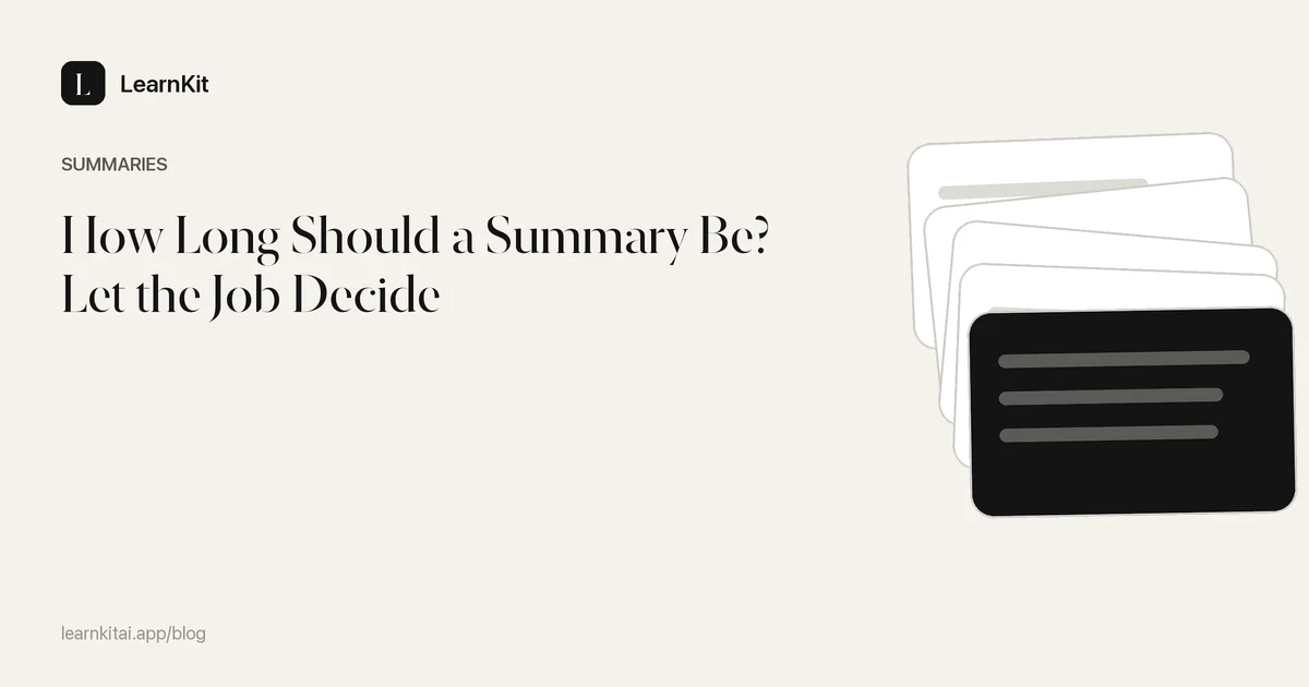 The title How Long Should a Summary Be? Let the Job Decide over a calm monochrome pattern