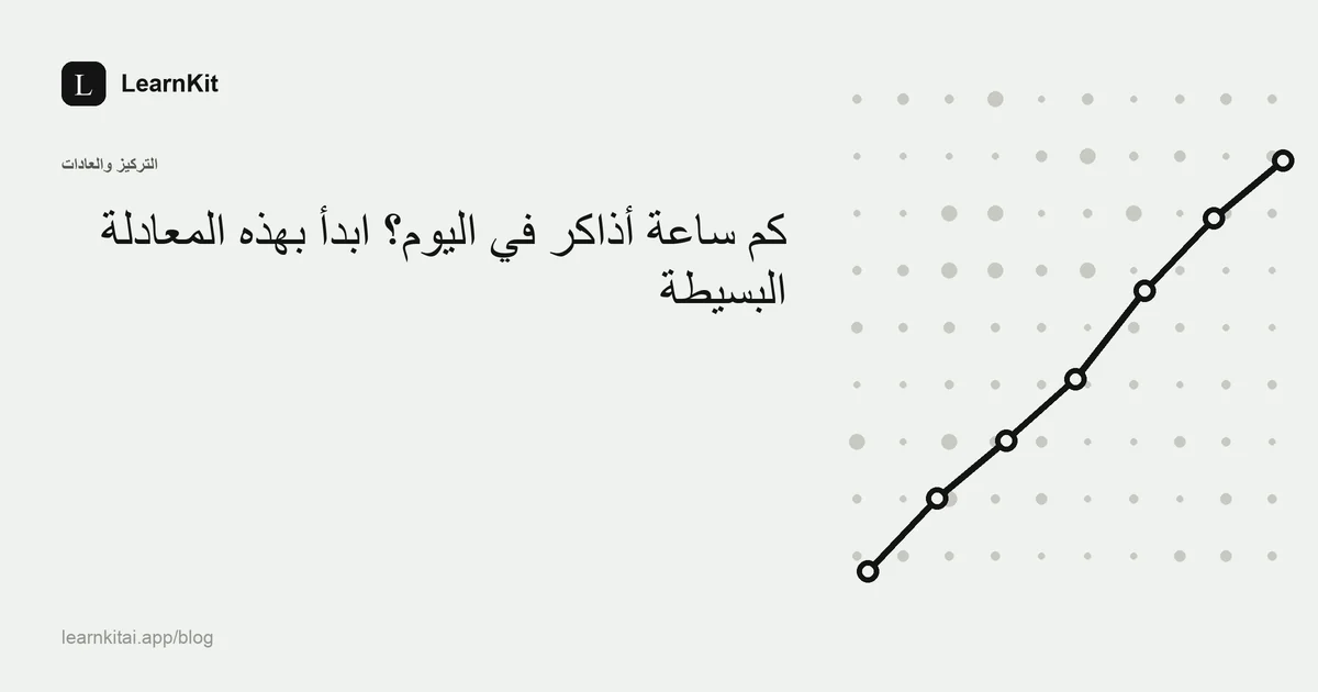 العنوان «كم ساعة أذاكر في اليوم؟ ابدأ بهذه المعادلة البسيطة» فوق نقش هادئ أحادي اللون من علامات الساعة
