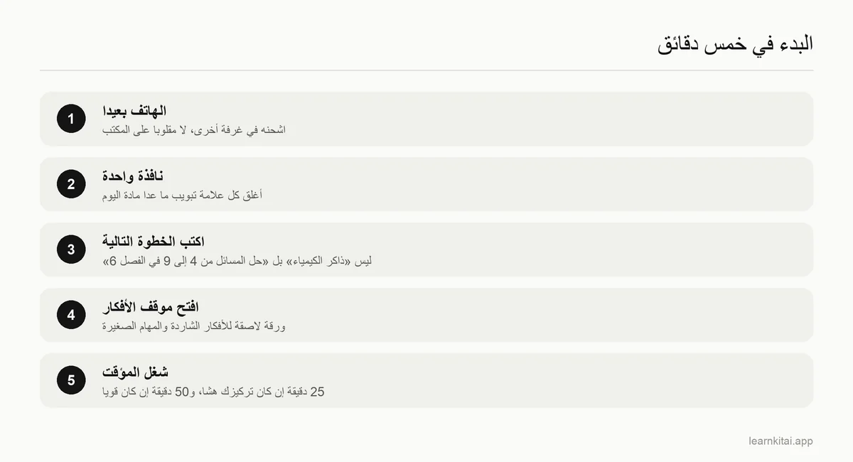 خمس خطوات لروتين بدء من خمس دقائق لجلسة مذاكرة مركّزة