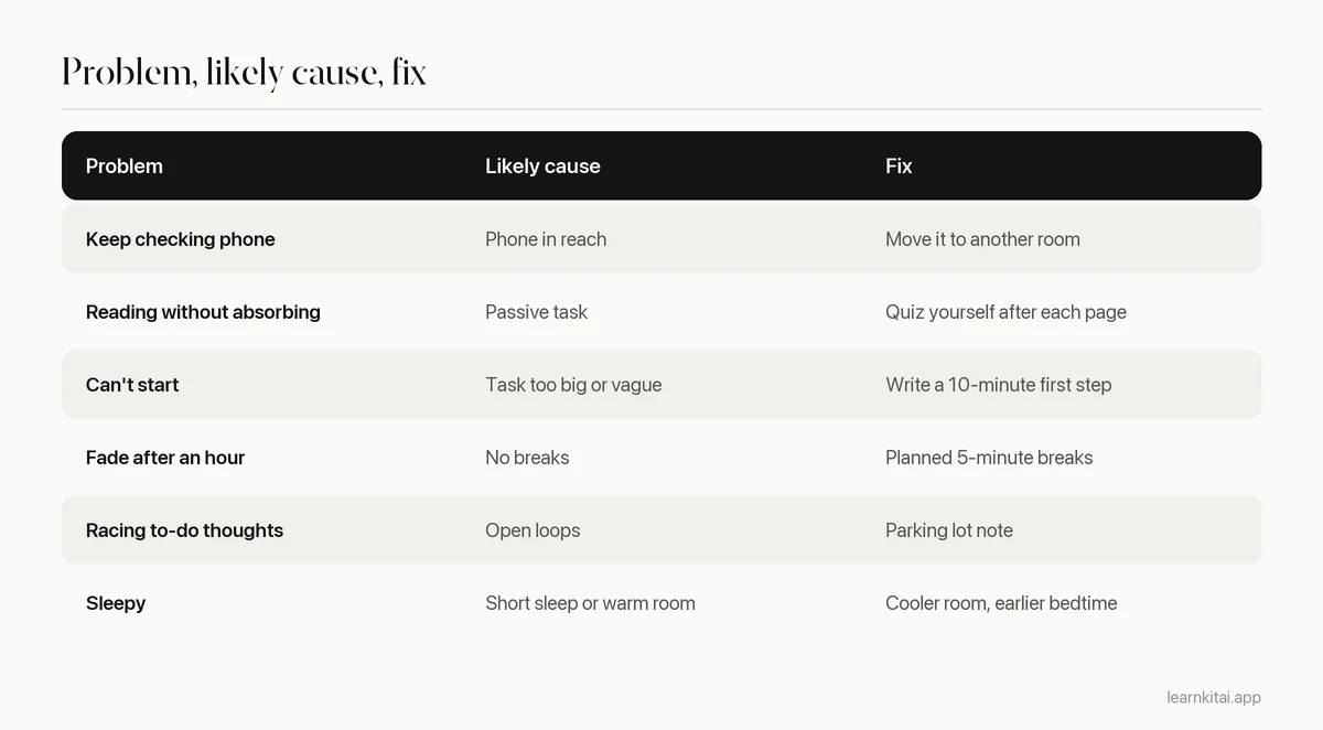 Table of common focus problems while studying and a matching fix for each