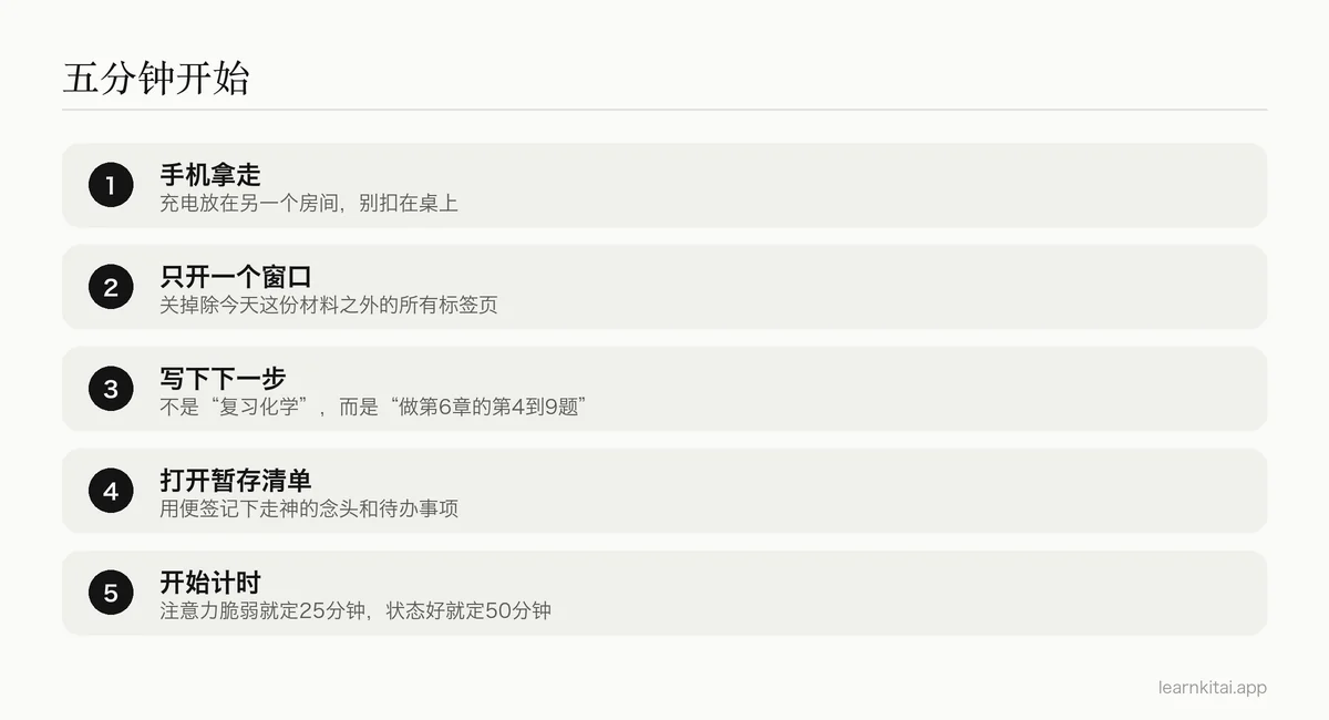 五分钟开始流程的五个步骤，用来开启一段专注的学习时段