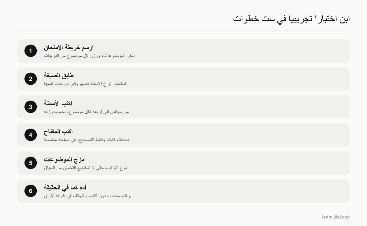 ست خطوات لبناء اختبار تجريبي: رسم خريطة الامتحان، واختيار الصيغ، وكتابة الأسئلة، وكتابة المفتاح، والخلط، وأداء الاختبار بوقت محدد