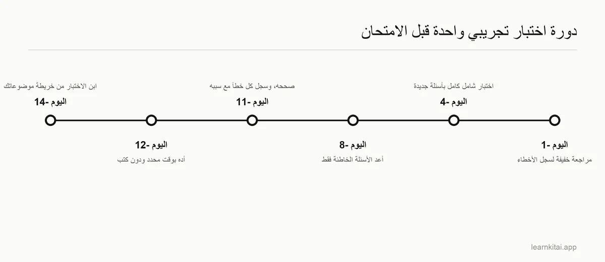 خط زمني من أسبوعين قبل الامتحان حتى يوم الامتحان يبيّن الاختبار الأول والمراجعة وإعادة الاختبار والاختبار الشامل الأخير