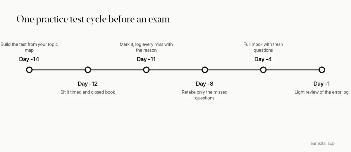 Timeline from two weeks before the exam to exam day showing first test, review, retake and final mock