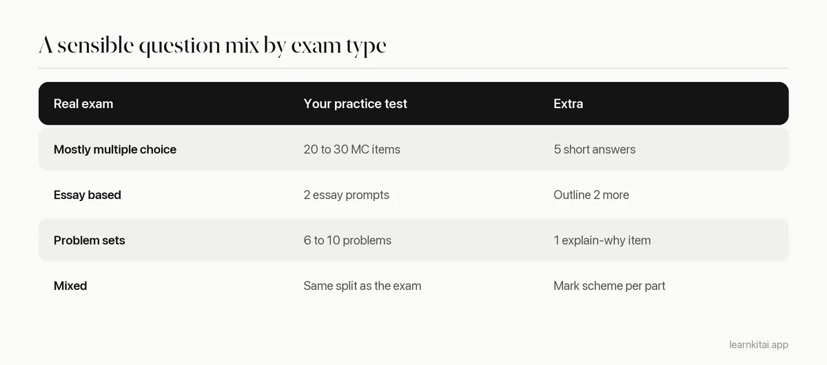 Table suggesting a question mix for multiple choice exams, essay exams, problem based exams and mixed exams