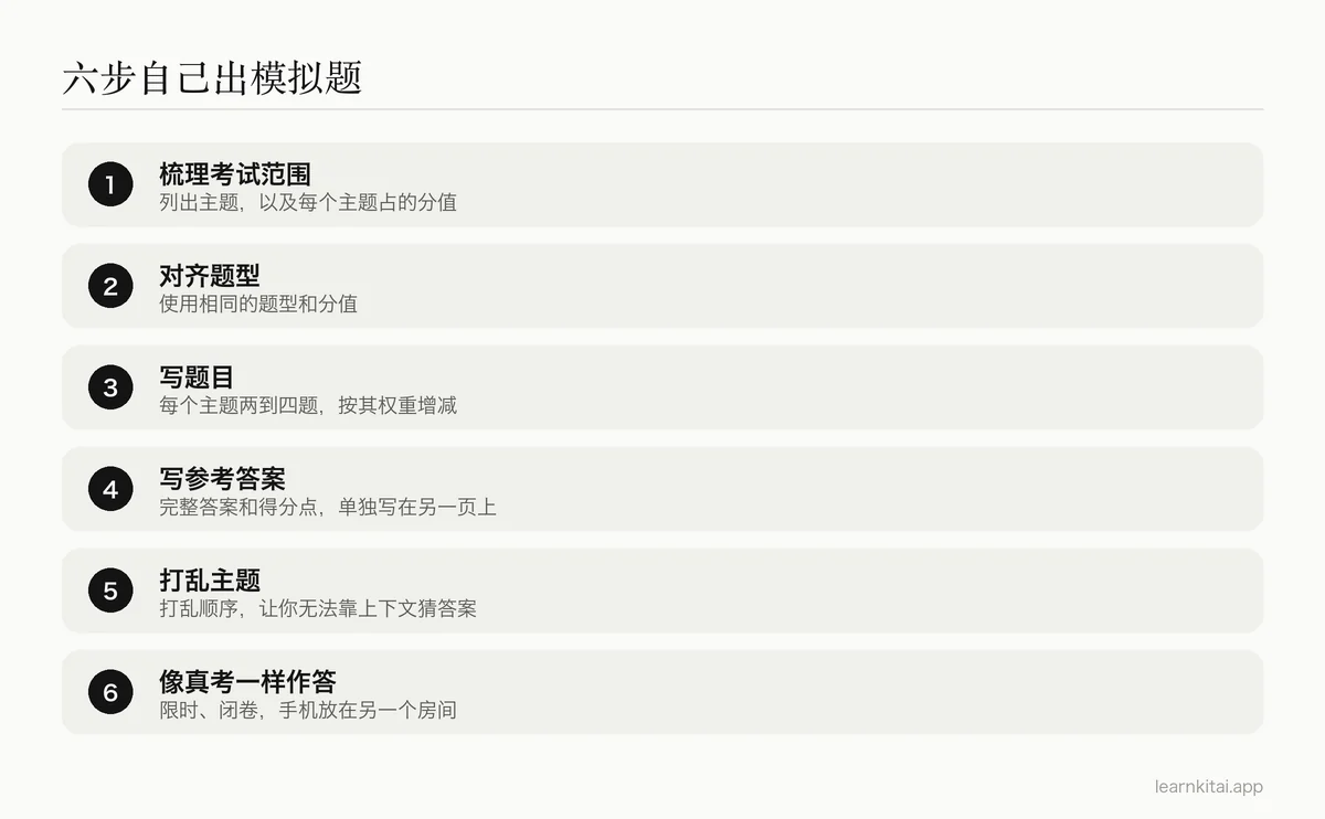 自己出模拟题的六个步骤:梳理考试范围、选定题型、写题目、写参考答案、打乱顺序、限时作答