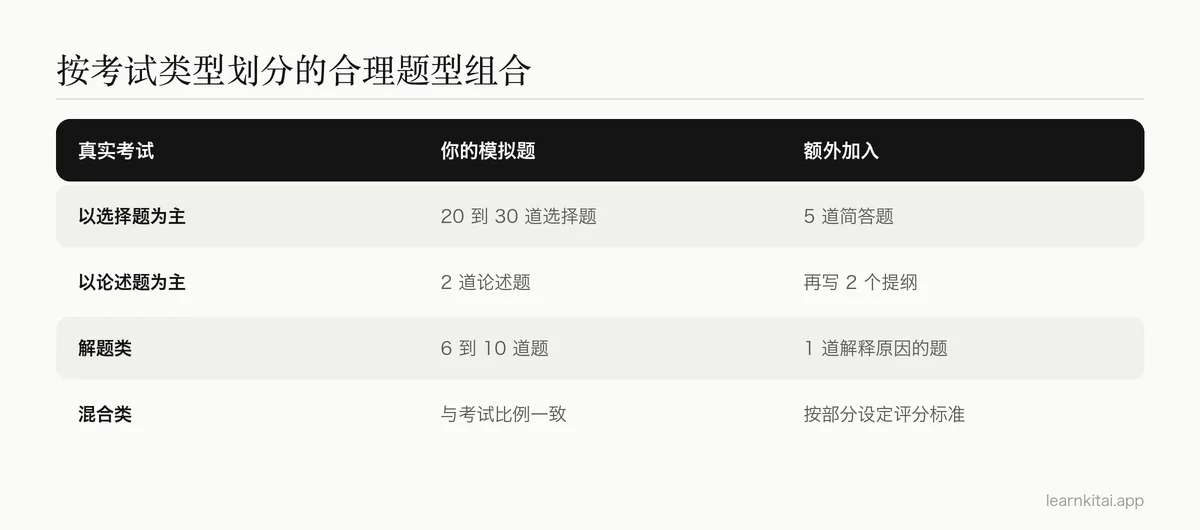表格:针对选择题考试、论述题考试、解题类考试和混合考试的题型组合建议