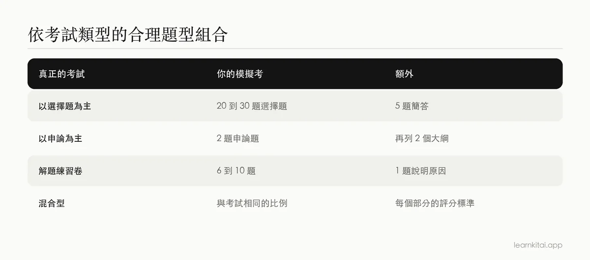 表格:依考試類型建議的題型組合,包括選擇題、申論題、解題與混合型考試