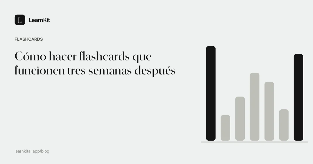 El título «Cómo hacer flashcards que funcionen tres semanas después» sobre un patrón monocromo y sereno