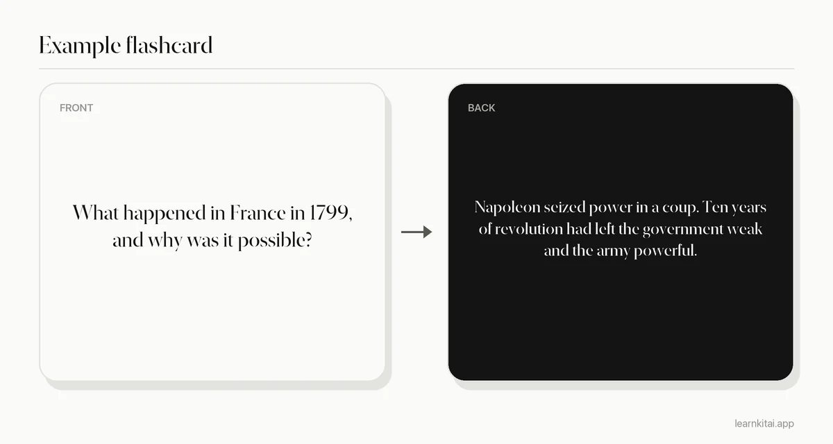 Example flashcard asking what happened in 1799 and why it followed from the French Revolution