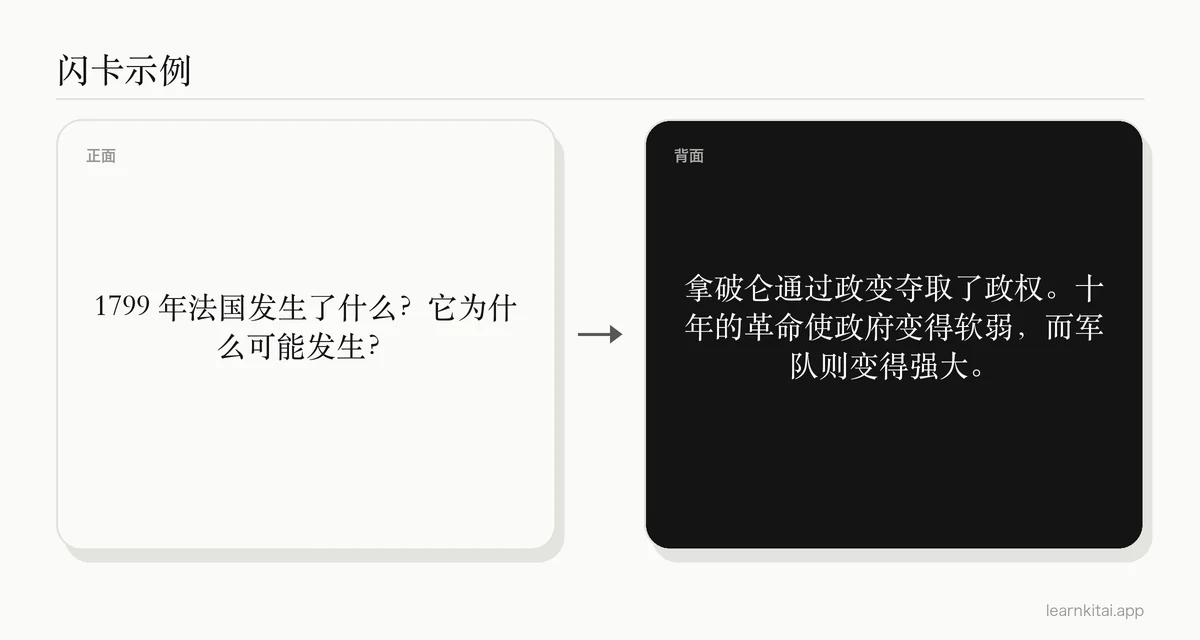 闪卡示例:询问 1799 年发生了什么,以及它为何是法国大革命的结果