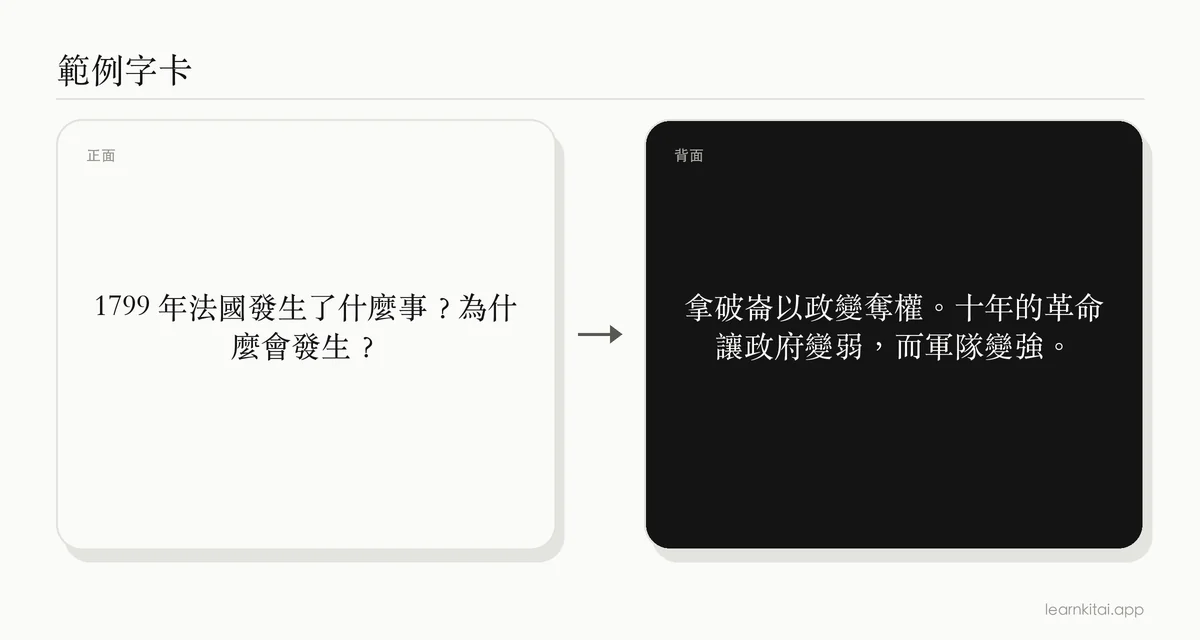 範例字卡,問 1799 年在法國發生了什麼,以及它為何是法國大革命之後的結果